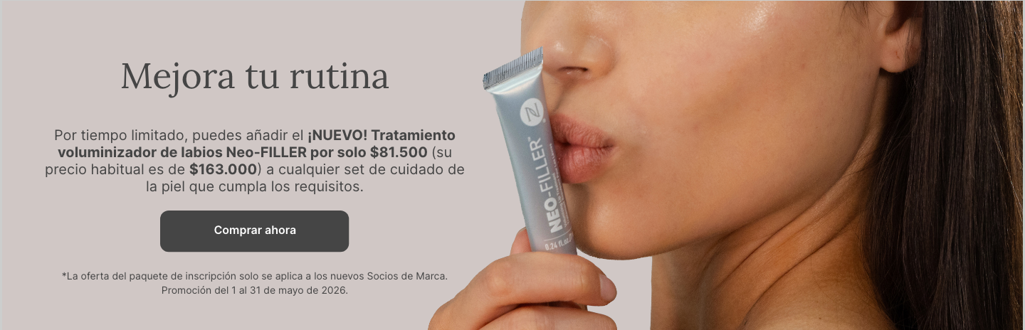 50% OFF Neo-FILLER Volumizing Lip Treatment with any Neo-FILLER or Neo-FILLER Set purchase. Featured is a woman kissing a tube of Neo-FILLER Volumizing Lip Treatment.